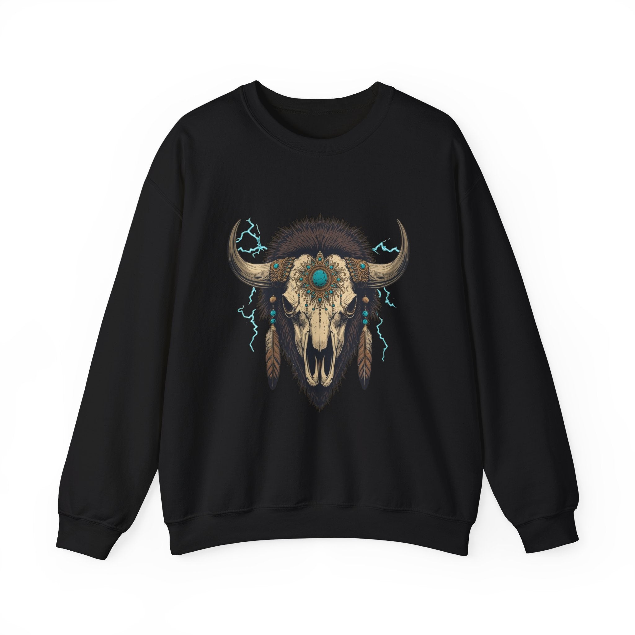 Buffalo Skull Crewneck Sweatshirt – Boho Western Graphic with Turquoise Accents