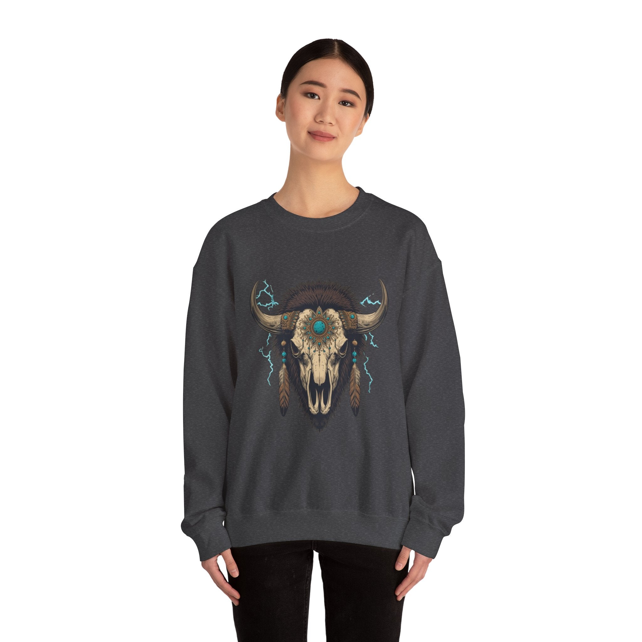 Buffalo Skull Crewneck Sweatshirt – Boho Western Graphic with Turquoise Accents