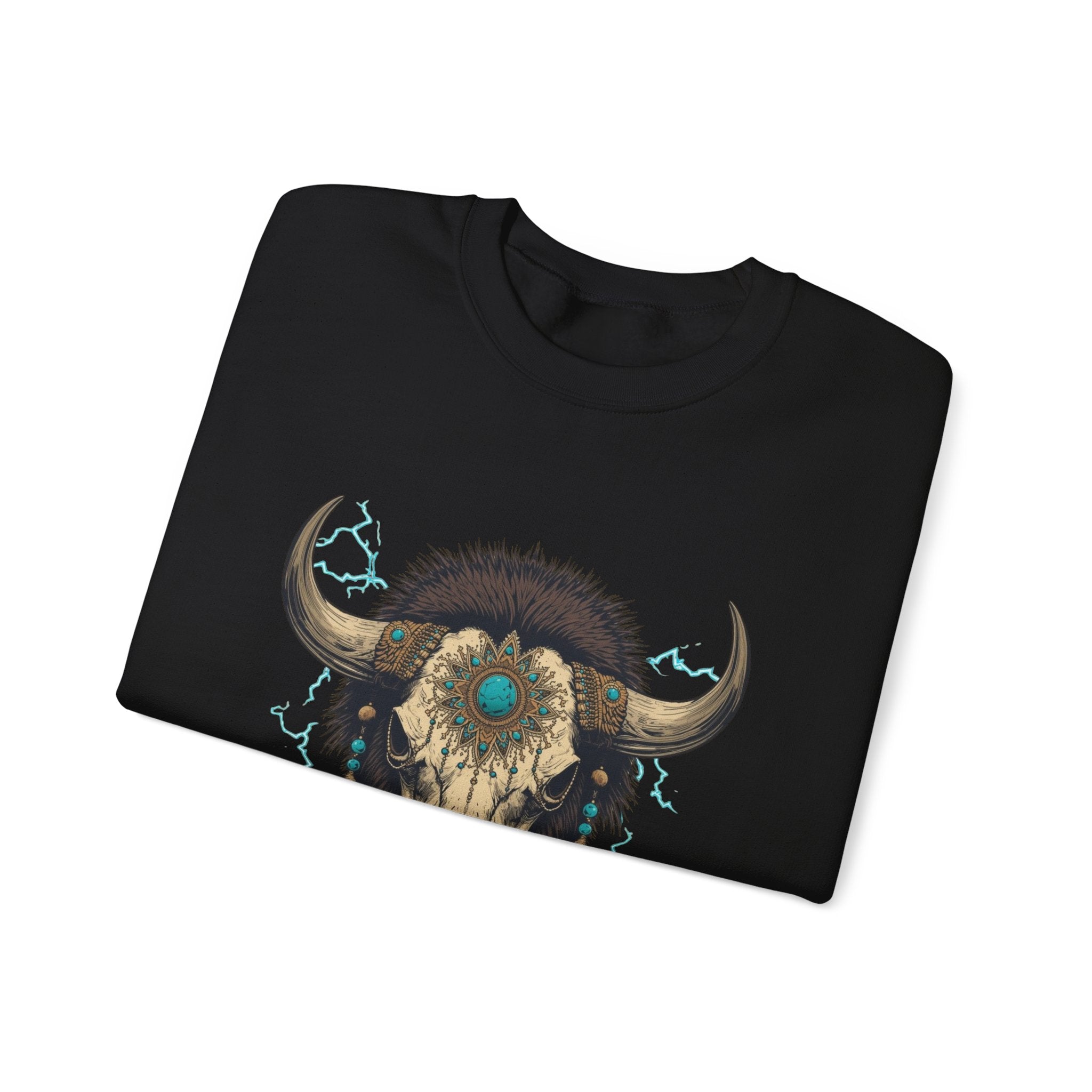 Buffalo Skull Crewneck Sweatshirt – Boho Western Graphic with Turquoise Accents