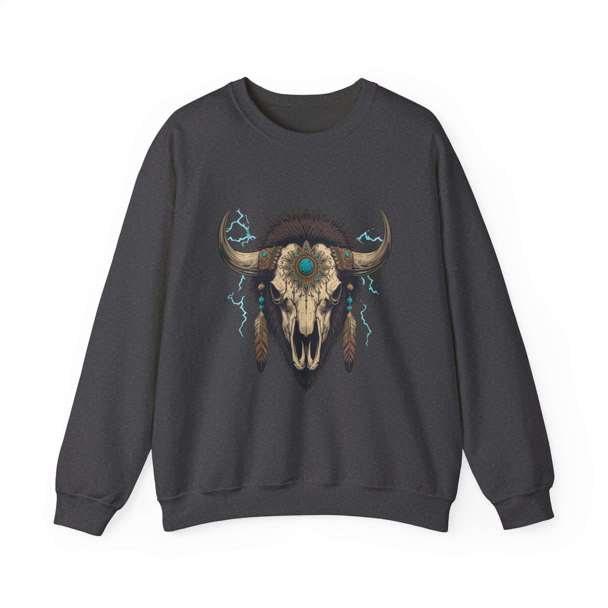 Buffalo Skull Crewneck Sweatshirt – Boho Western Graphic with Turquoise Accents