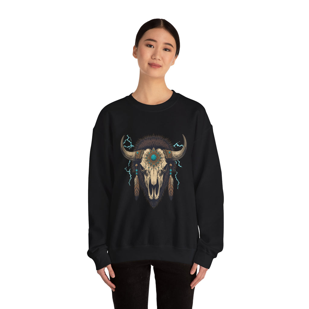 Buffalo Skull Crewneck Sweatshirt – Boho Western Graphic with Turquoise Accents