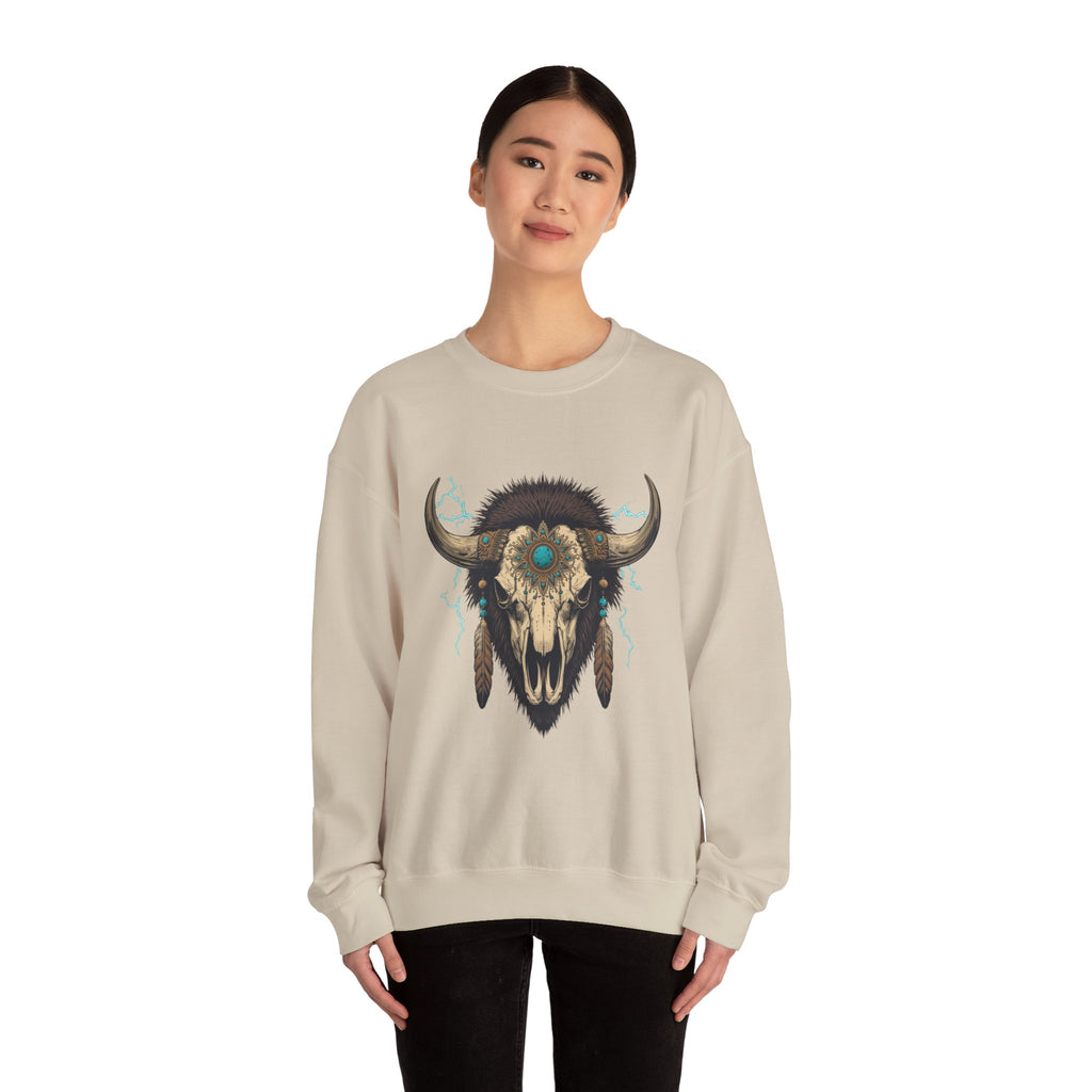 Buffalo Skull Crewneck Sweatshirt – Boho Western Graphic with Turquoise Accents
