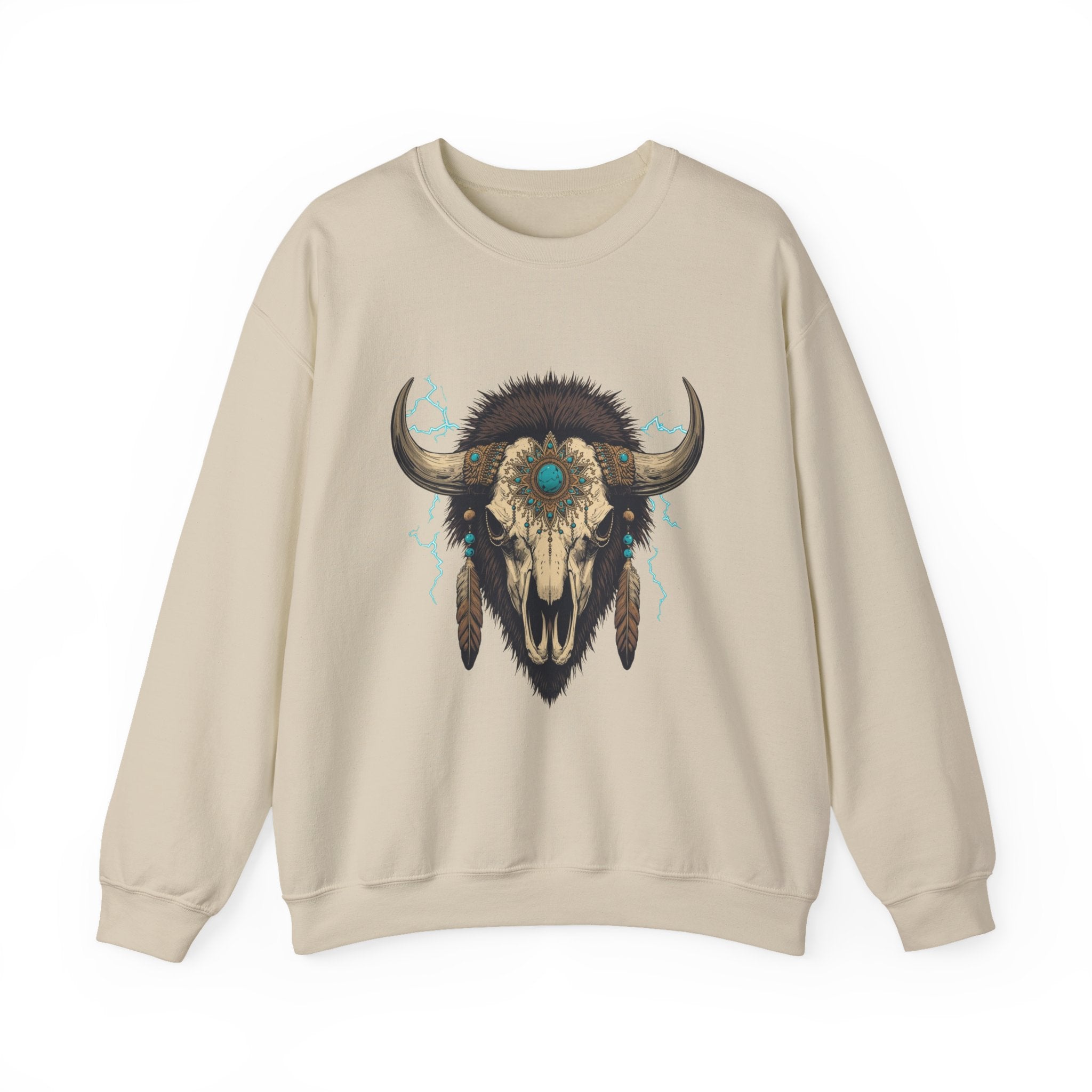 Buffalo Skull Crewneck Sweatshirt – Boho Western Graphic with Turquoise Accents