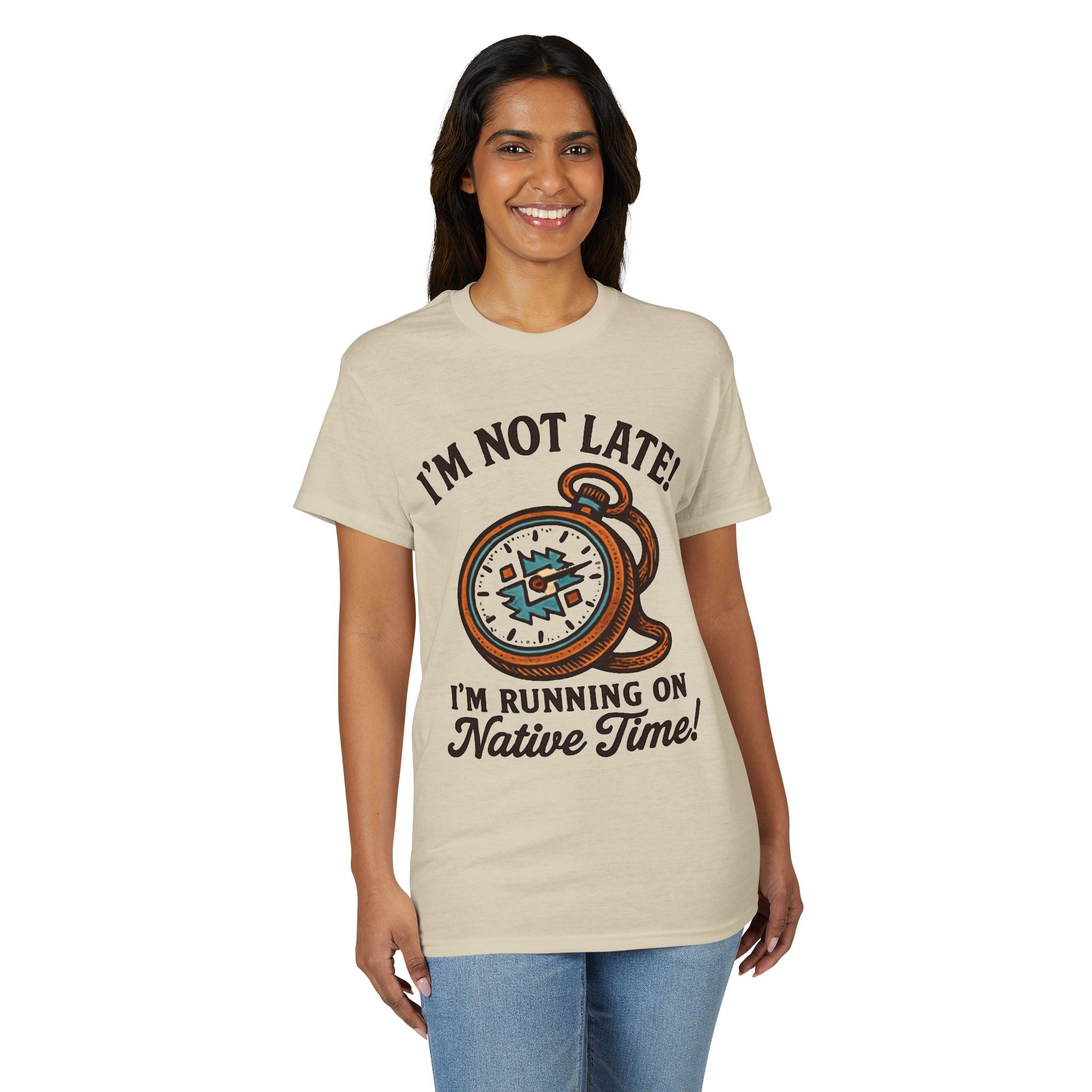 An I'm Not Late T-Shirt — "I'm Running on Native Time" Retro Alarm Clock Tee