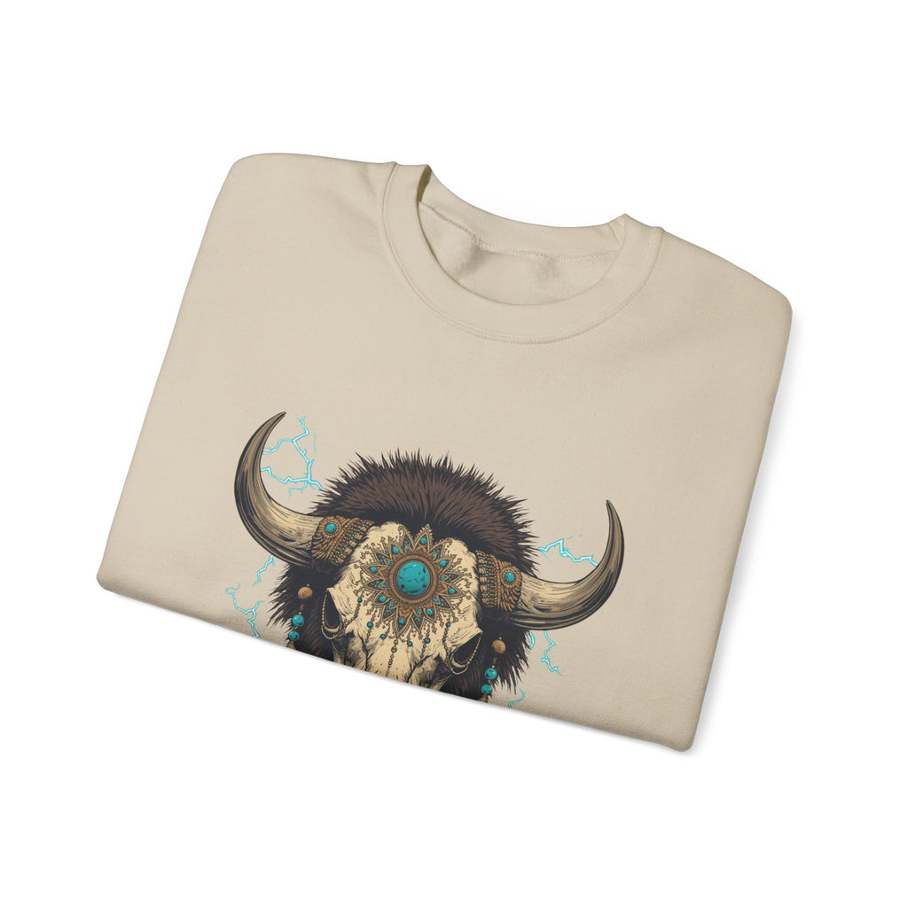 Buffalo Skull Crewneck Sweatshirt – Boho Western Graphic with Turquoise Accents