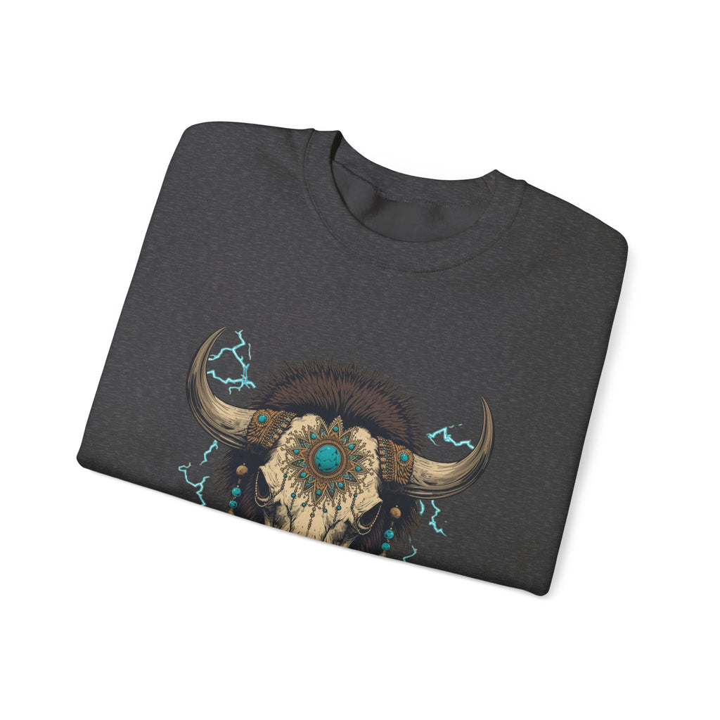 Buffalo Skull Crewneck Sweatshirt – Boho Western Graphic with Turquoise Accents