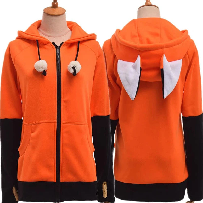 Animal Fox Ear Cosplay Costumes Hoodie Coat Warm Orange Green Sweatshirt Unisex Hoodies Carnival Party Clothes