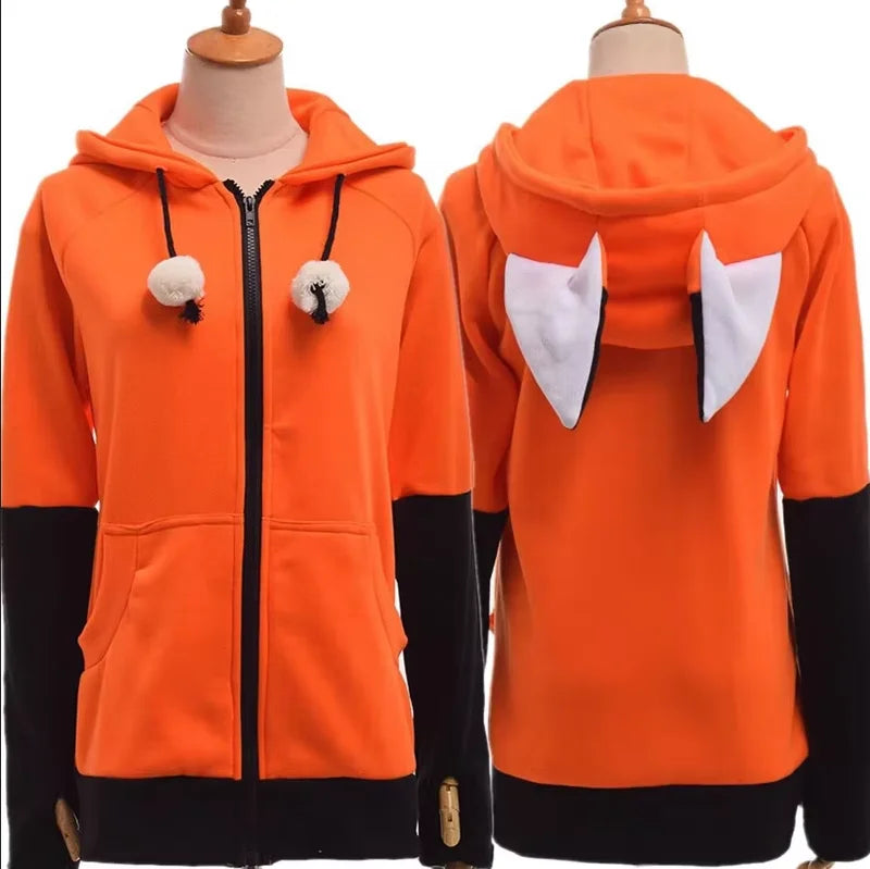 Animal Fox Ear Cosplay Costumes Hoodie Coat Warm Orange Green Sweatshirt Unisex Hoodies Carnival Party Clothes